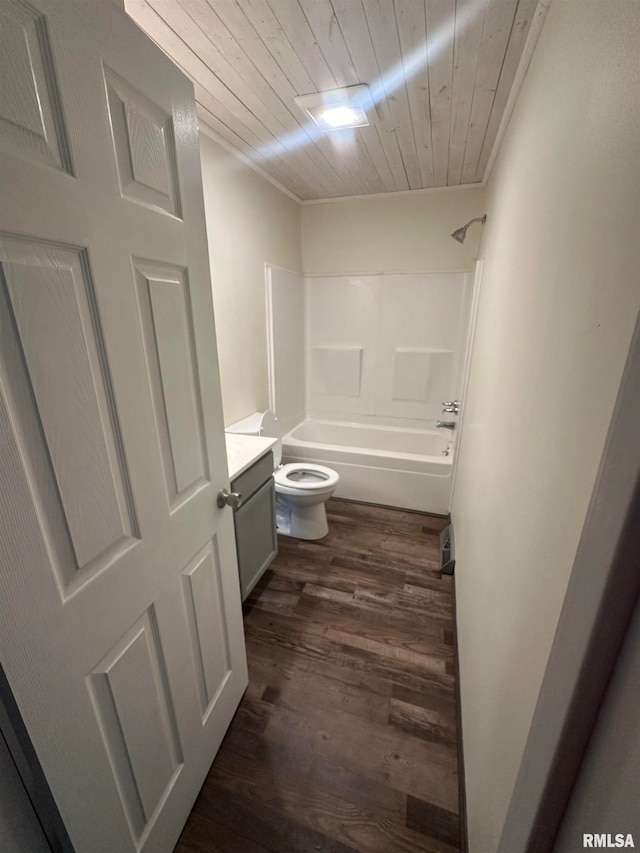 full bathroom featuring wooden ceiling, shower / bathtub combination, vanity, and toilet