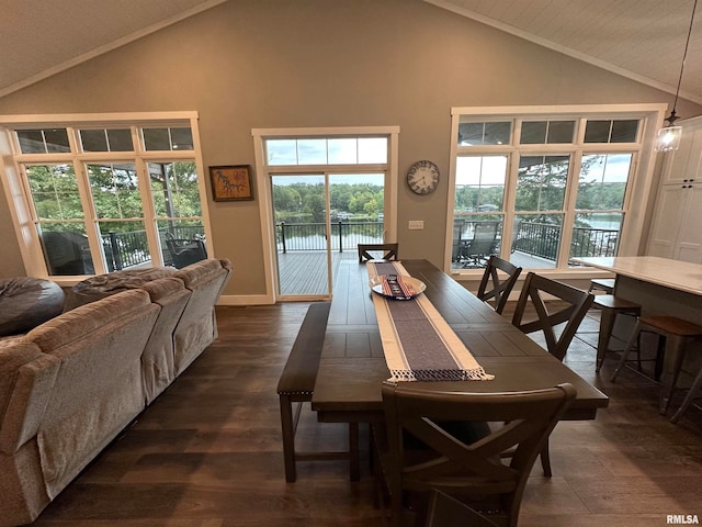 dining room featuring high vaulted ceiling, a water view, and dark hardwood / wood-style floors