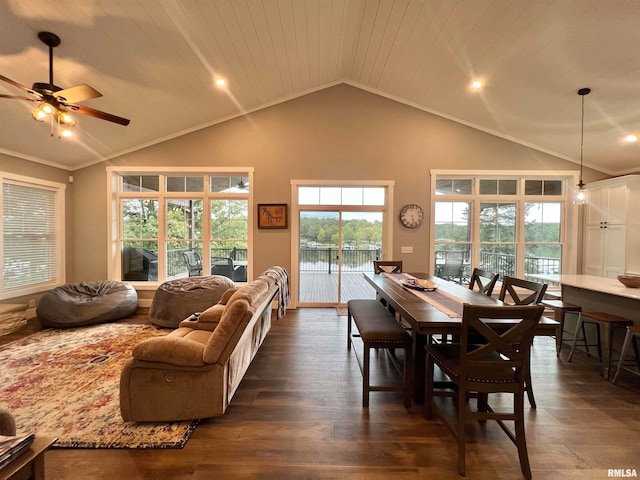 dining space featuring wood ceiling, dark wood-type flooring, high vaulted ceiling, ceiling fan, and ornamental molding