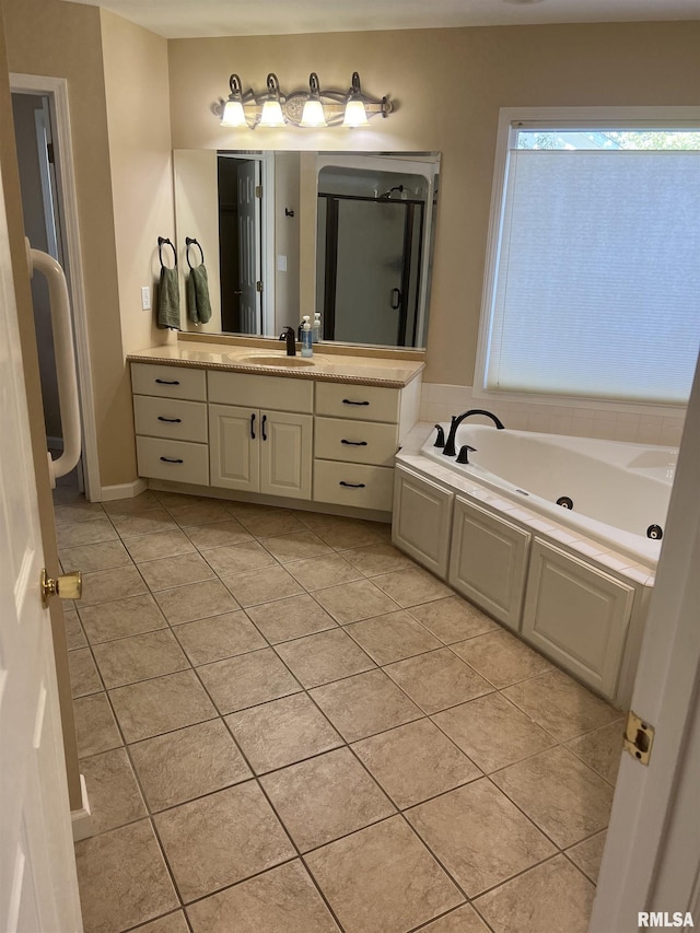 1803 N Dawn Dr, Marion, IL 62959 - full bath featuring tile patterned flooring, vanity, a shower with shower door, and a bath