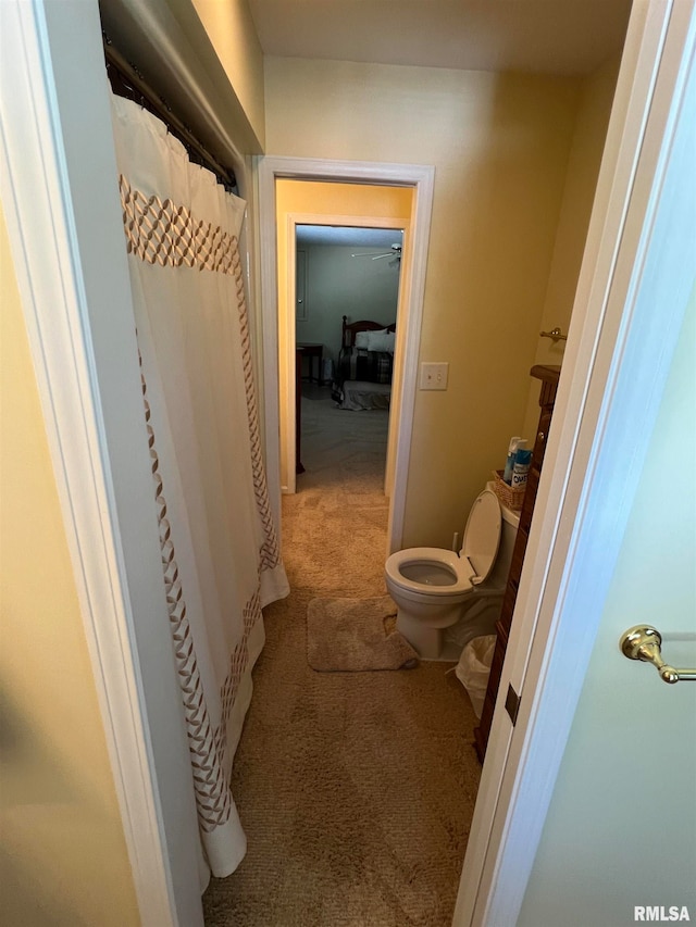 bathroom with toilet and a shower with shower curtain