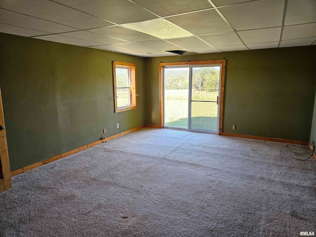 spare room featuring carpet and a drop ceiling