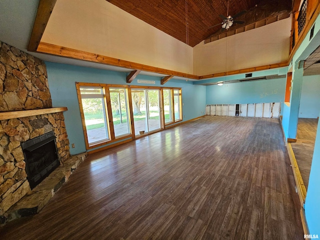 unfurnished living room featuring ceiling fan, wood-type flooring, high vaulted ceiling, wooden ceiling, and a fireplace