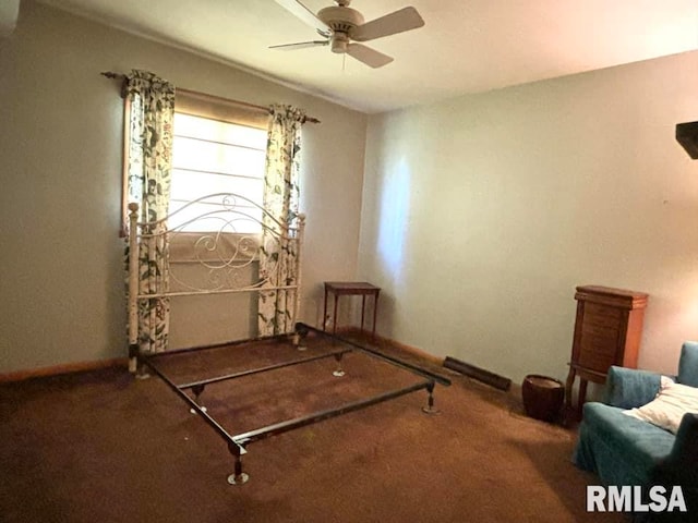 bedroom with ceiling fan and carpet flooring