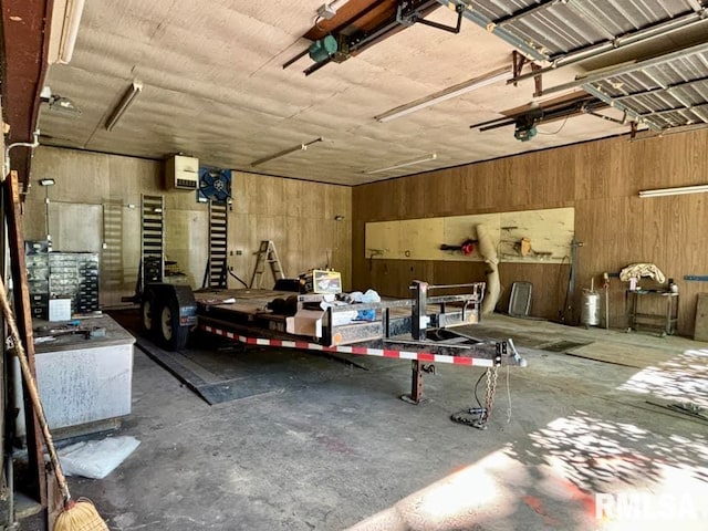 garage with wood walls