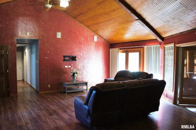 living room featuring vaulted ceiling with beams, wood ceiling, ceiling fan, and wood-type flooring