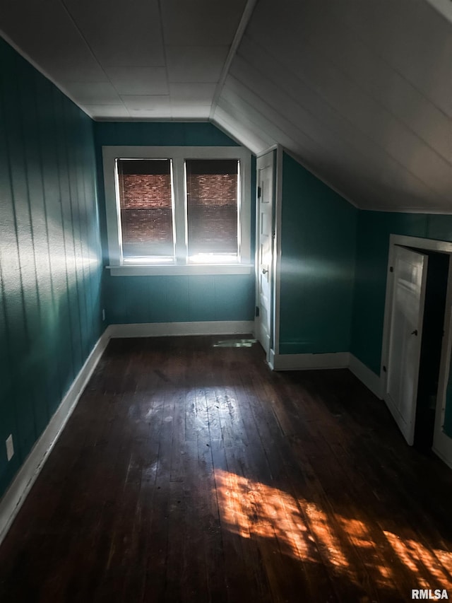 additional living space with lofted ceiling and dark hardwood / wood-style flooring