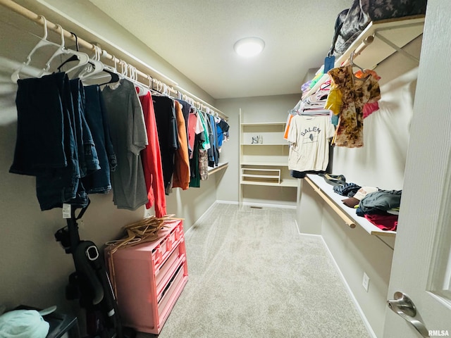 walk in closet with light carpet