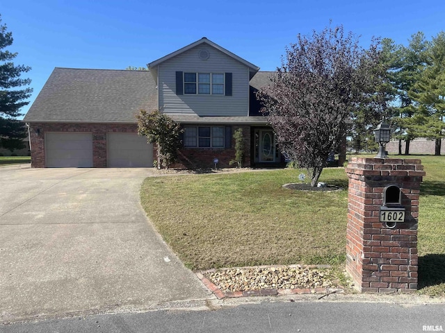 traditional-style house with a garage, brick siding, a front lawn, driveway, and roof with shingles