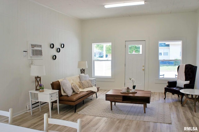 living room featuring a wealth of natural light, a wall unit AC, and light wood-type flooring