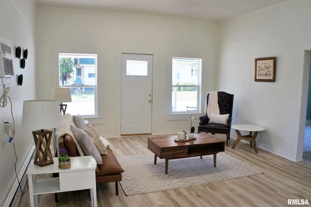 living room featuring a baseboard heating unit and light wood-type flooring