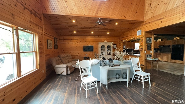 dining room featuring ceiling fan, wooden walls, dark hardwood / wood-style floors, lofted ceiling with beams, and wooden ceiling