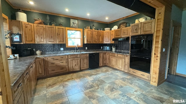 kitchen featuring black appliances, crown molding, sink, and backsplash