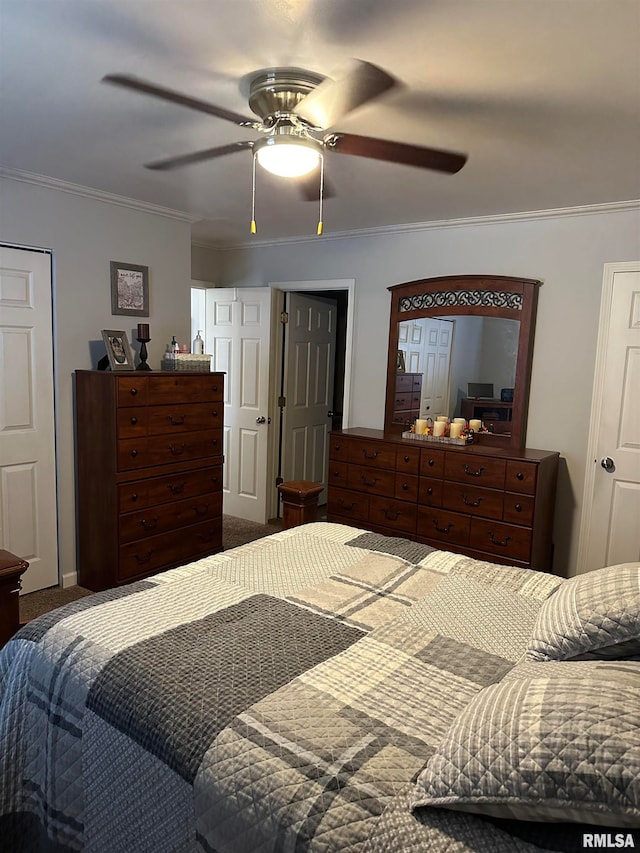 bedroom featuring crown molding, carpet floors, and ceiling fan