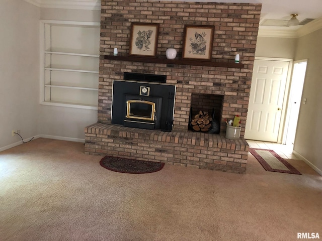 unfurnished living room featuring crown molding, carpet flooring, and a brick fireplace