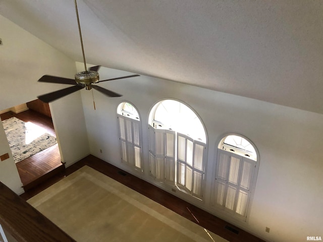 interior space featuring a healthy amount of sunlight, ceiling fan, vaulted ceiling, and dark hardwood / wood-style flooring