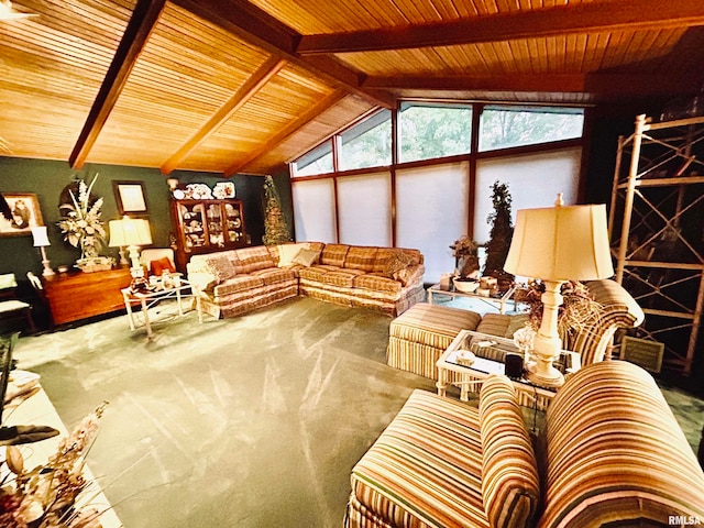 carpeted living room featuring wood ceiling and lofted ceiling with beams