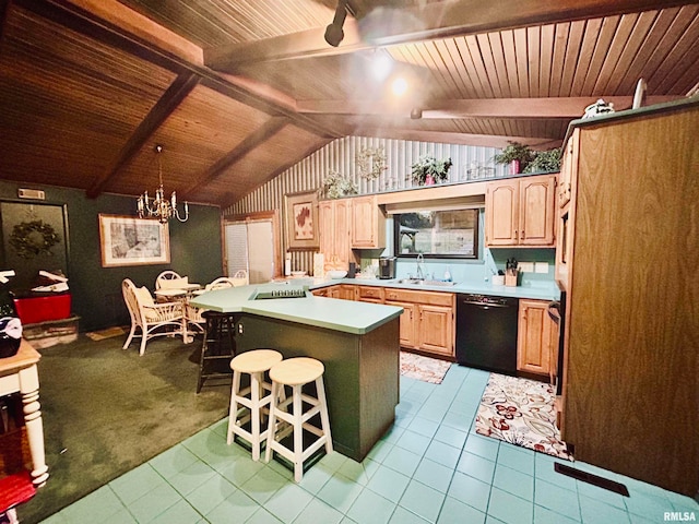 kitchen with black dishwasher, vaulted ceiling with beams, a kitchen island, a breakfast bar area, and light colored carpet