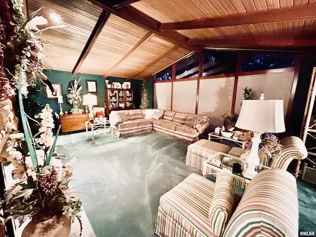 living room with vaulted ceiling with beams and wood ceiling