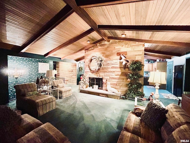 living room featuring a stone fireplace, wood ceiling, and lofted ceiling with beams