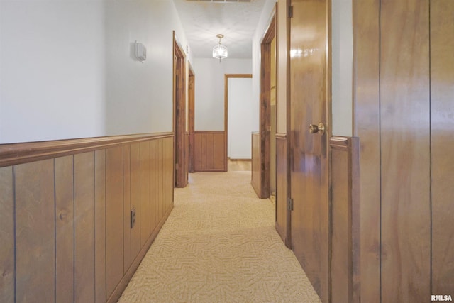 corridor featuring wooden walls