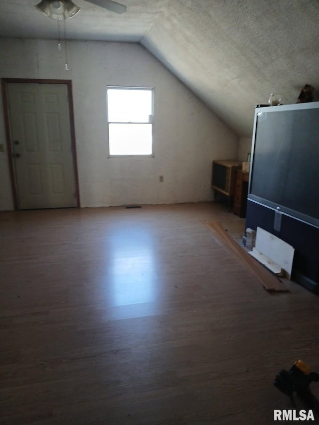 9735 Branch Rd, Oakdale, IL 62268 - additional living space featuring ceiling fan, vaulted ceiling, a textured ceiling, and wood finished floors