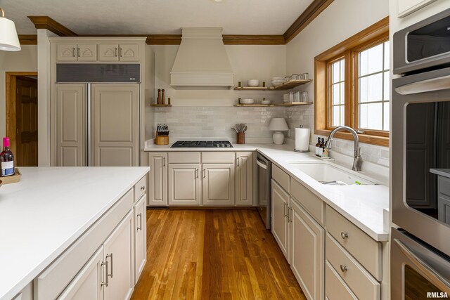 5345 State Route 127th Hwy, Cobden, IL 62920 - kitchen with custom exhaust hood, a sink, crown molding, stainless steel appliances, and light countertops