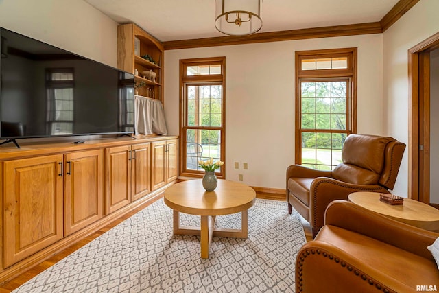 living room with ornamental molding, plenty of natural light, and light wood-type flooring