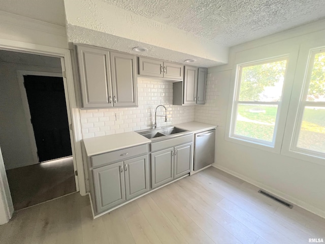 kitchen with gray cabinetry, sink, stainless steel dishwasher, decorative backsplash, and light wood-type flooring