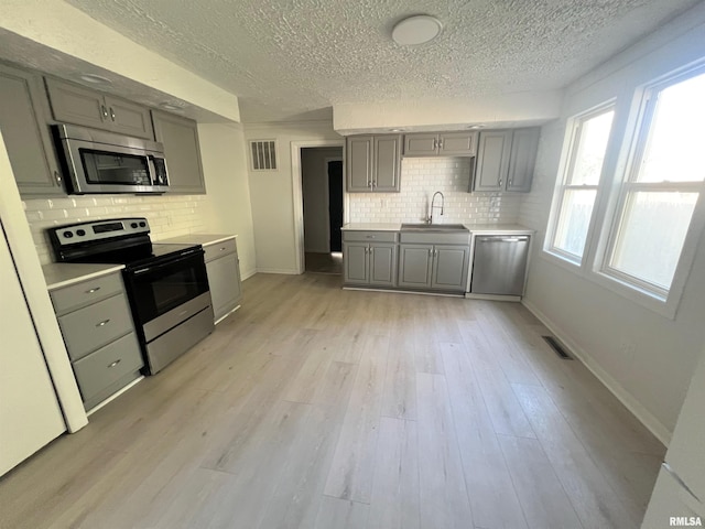 kitchen with backsplash, stainless steel appliances, sink, light hardwood / wood-style flooring, and gray cabinets