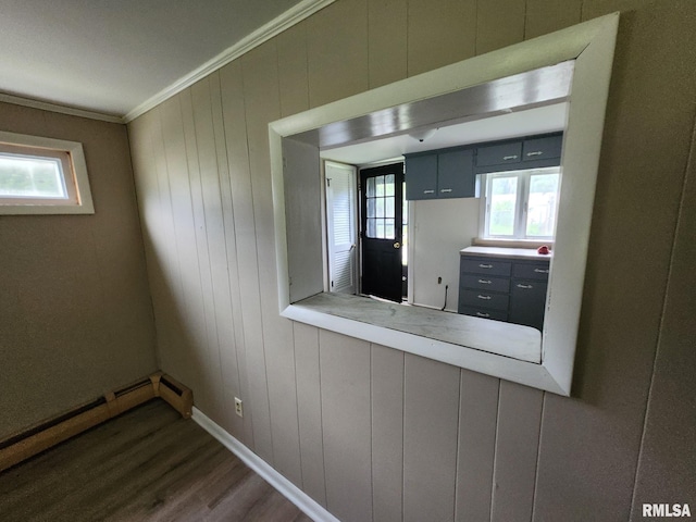 kitchen featuring a wealth of natural light, ornamental molding, dark wood-type flooring, and a baseboard radiator