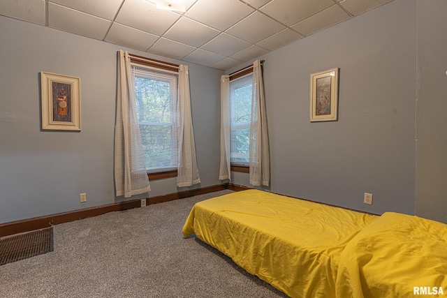 carpeted bedroom featuring a paneled ceiling and billiards