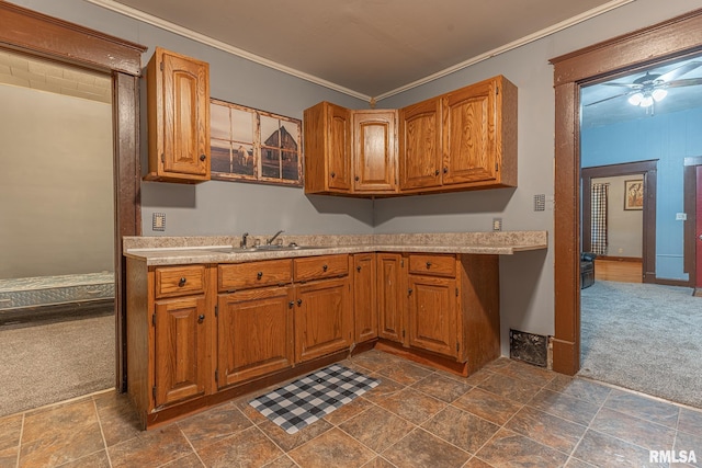 kitchen featuring ornamental molding, sink, and dark colored carpet