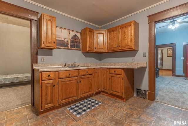 727 N Broadway Ave, Salem, IL 62881 - kitchen featuring a sink, dark colored carpet, stone tile flooring, light countertops, and crown molding
