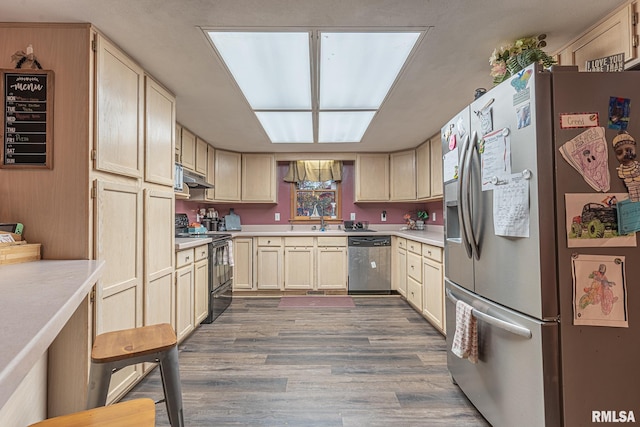 kitchen featuring sink, stainless steel appliances, dark hardwood / wood-style flooring, and light brown cabinets