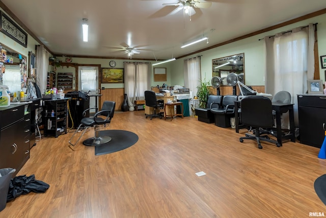 office space featuring ceiling fan, ornamental molding, and light hardwood / wood-style flooring