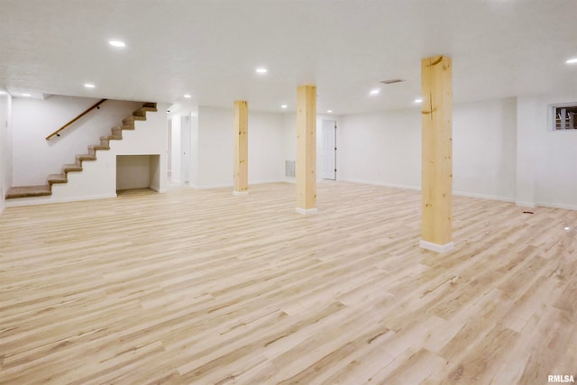 basement with light wood-type flooring