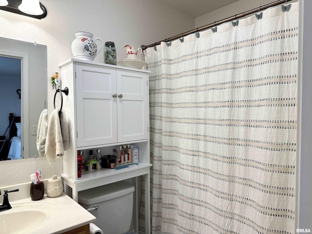104 Townhouse Dr, Cambria, IL 62915 - bathroom with toilet, a textured wall, curtained shower, and vanity