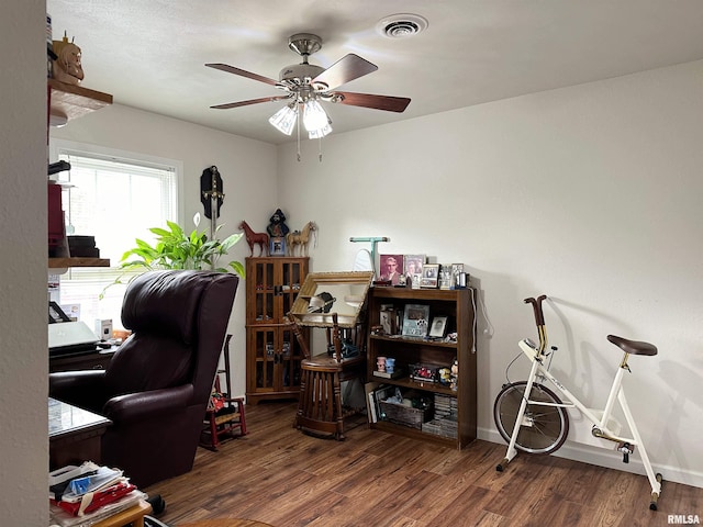 104 Townhouse Dr, Cambria, IL 62915 - office space featuring visible vents, a ceiling fan, baseboards, and wood finished floors