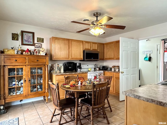104 Townhouse Dr, Cambria, IL 62915 - kitchen with light tile patterned floors, stainless steel microwave, a ceiling fan, and electric range