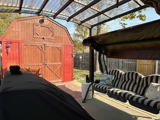 104 Townhouse Dr, Cambria, IL 62915 - view of shed featuring a fenced backyard and a pergola