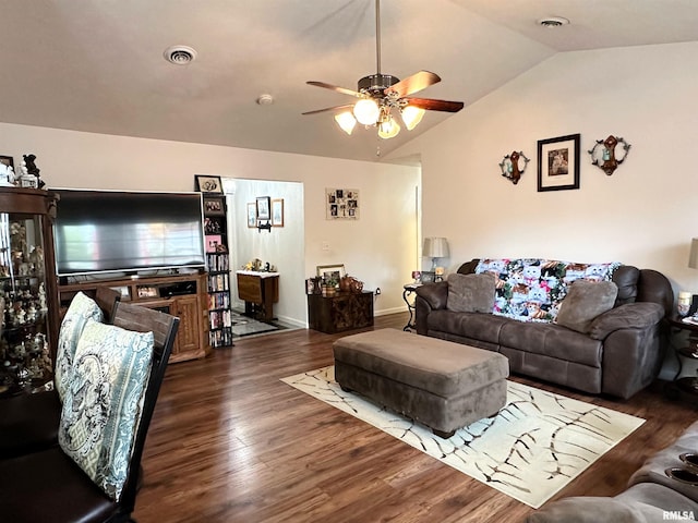 104 Townhouse Dr, Cambria, IL 62915 - living room featuring a ceiling fan, vaulted ceiling, wood finished floors, and visible vents