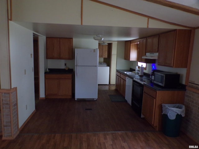 kitchen featuring washer / clothes dryer, lofted ceiling with beams, dark hardwood / wood-style floors, and white appliances