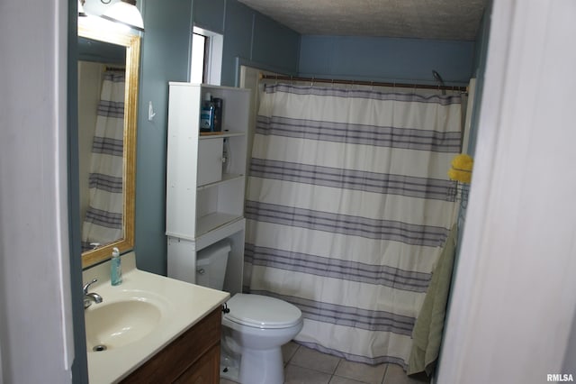 bathroom with toilet, a textured ceiling, a shower with curtain, and vanity