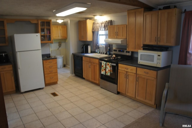 kitchen featuring white appliances, crown molding, sink, and light tile patterned floors