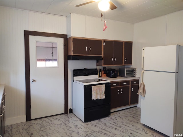 kitchen featuring ceiling fan, dark brown cabinets, and white appliances