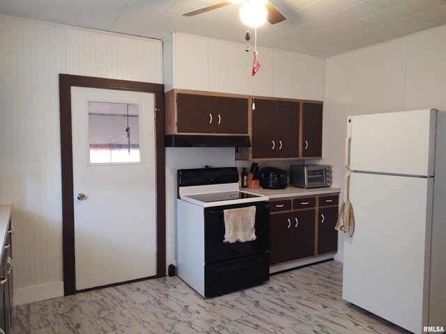 7280 Buncombe Rd, Buncombe, IL 62912 - kitchen with freestanding refrigerator, dark brown cabinets, electric stove, light countertops, and a ceiling fan