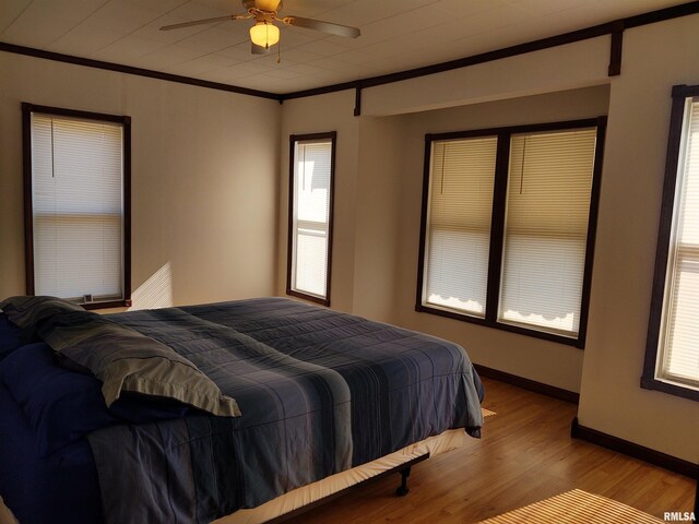 7280 Buncombe Rd, Buncombe, IL 62912 - bedroom featuring crown molding, baseboards, ceiling fan, and wood finished floors