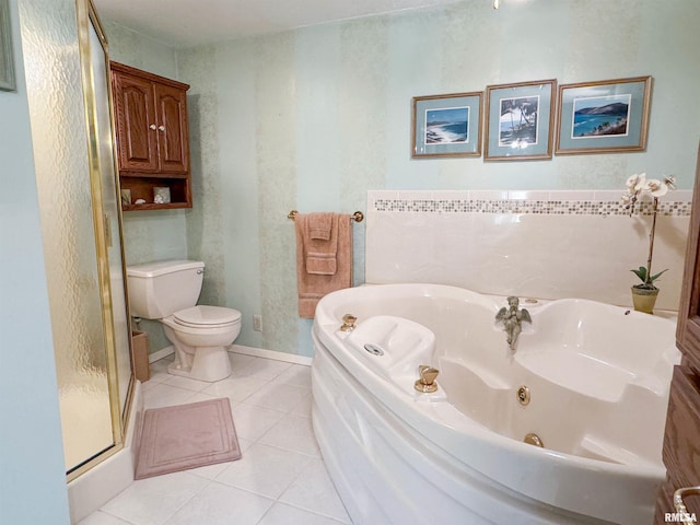 bathroom featuring separate shower and tub, toilet, and tile patterned flooring