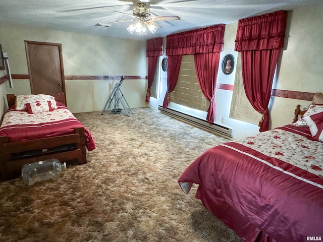 bedroom featuring carpet floors, a textured ceiling, a baseboard radiator, and ceiling fan